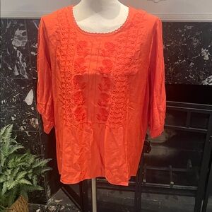 Women's Embroidered Scoop Neck Top - Orange